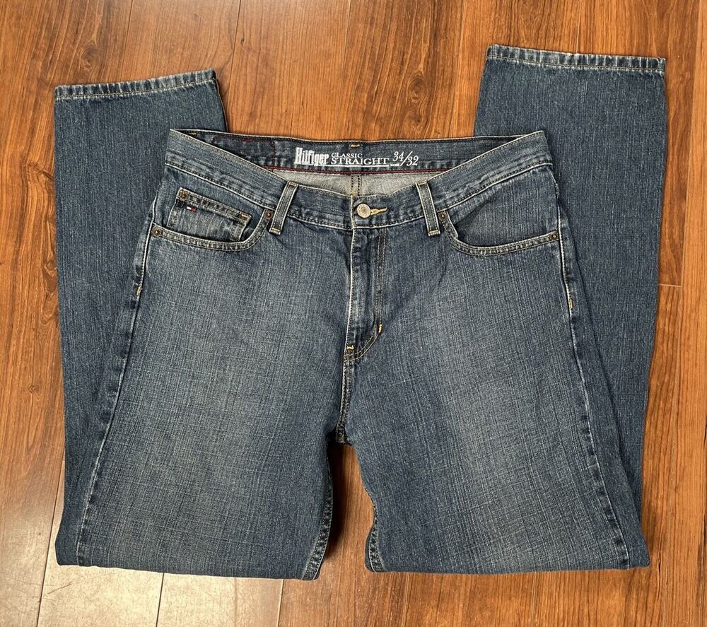 Tommy Hilfiger Jeans 34x32 Mens Blue Denim Straight Leg Classic Fit Logo